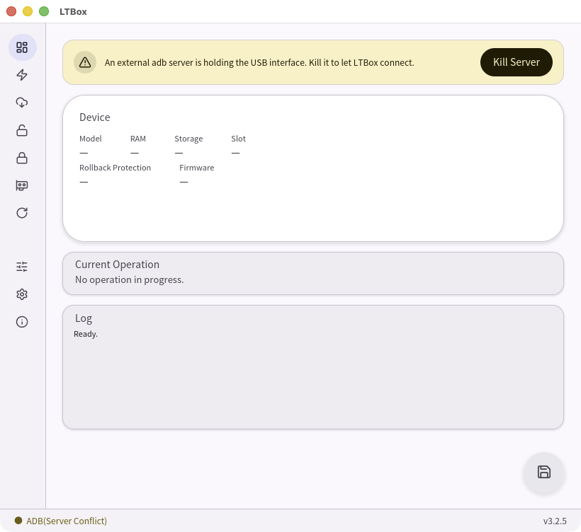 LTBox dashboard showing the external adb server warning and the Kill Server button