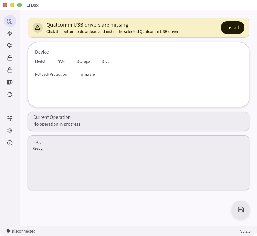 LTBox dashboard showing the missing Qualcomm USB driver banner