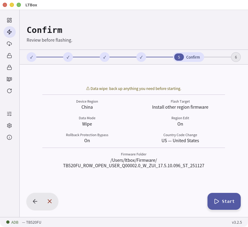 Confirm step in the LTBox wizard