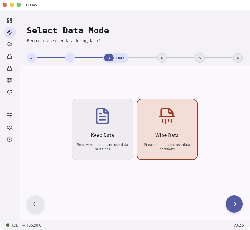 Select Data Mode step in the LTBox wizard