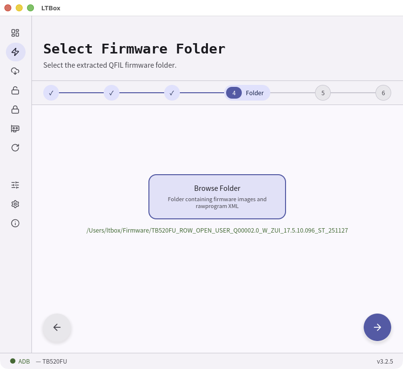 Select Firmware Folder step in the LTBox wizard