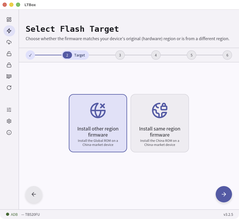 Select Flash Target step in the LTBox wizard
