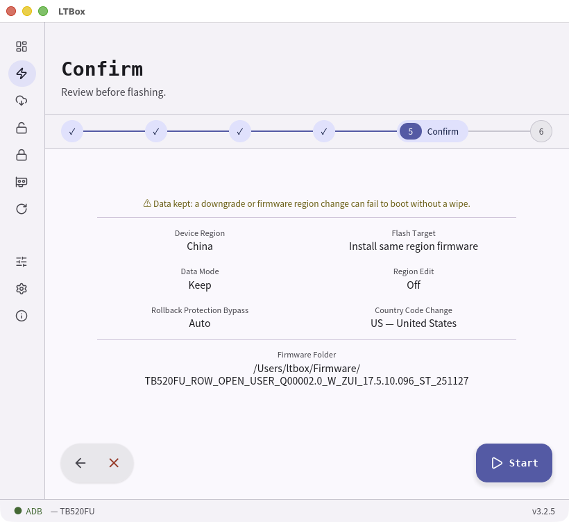 Confirm step in the LTBox wizard