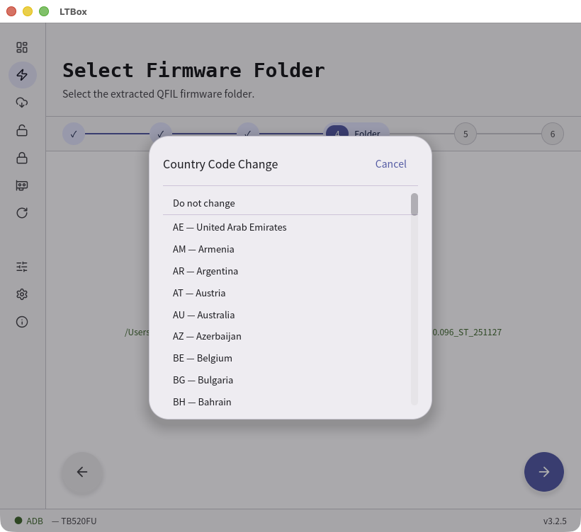 Country Code Change dialog in the LTBox wizard
