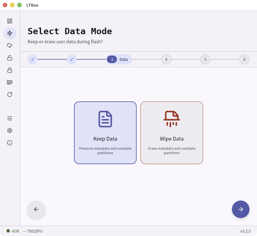 Select Data Mode step in the LTBox wizard